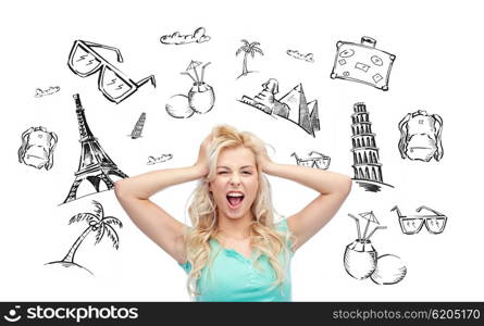 people, tourism, vacation and summer holidays concept - smiling young woman or teenage girl holding to her head or touching hair over touristic doodles