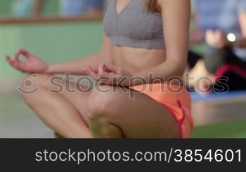 People training in fitness club, gym and sport activity. Group of women with teacher exercising in yoga lesson. 19of27