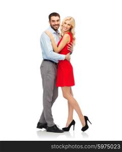 people, valentines day, love, couple and holidays concept - happy young woman and man hugging