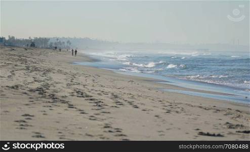 People walking along beach near the Santa Monica Pier.