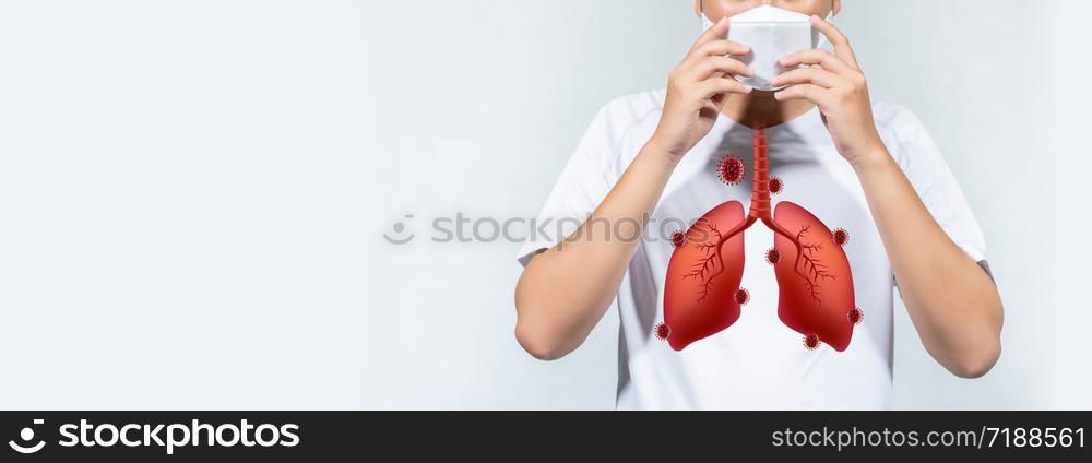 People wearing a mask with a lung attached to Corona virus are coughing on a white background