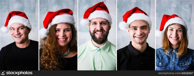 People wearing Santa hat. Group of people celebrating Christmas or New Year wearing Santa hat