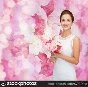 people, wedding, holidays and celebration concept - smiling bride or bridesmaid in white dress with bouquet of flowers over pink floral background