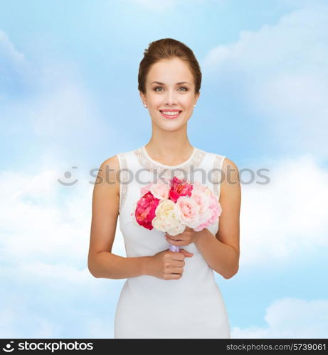 people, wedding, holidays and celebration concept - smiling bride or bridesmaid in white dress with bouquet of flowers over blue cloudy sky background