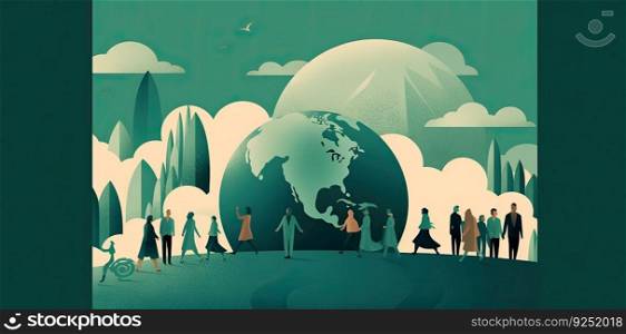 people with a globe, in the style of environmental awareness, flat illustrations, light sky-blue and dark green by generative AI