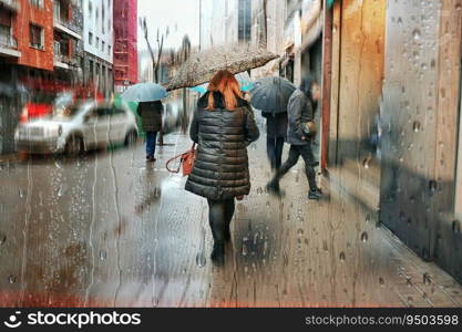  people with an umbrella in rainy days in winter season, bilbao, basque country, spain