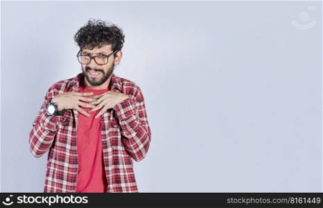 People with disgust face isolated. Handsome man with disgust expression, isolated background, Person with cringe expression with hands on his chest