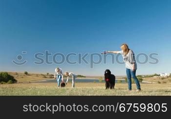 People with Newfoundland dogs playing on the nature