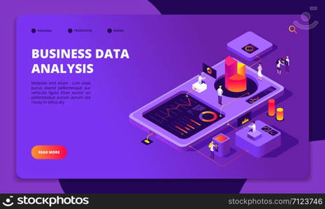 People work in team. Persons analyze financial charts in workplace. Achieve goal, modern business technology vector isometric concept. Illustration of business isometric analysis data. People work in team. Persons analyze financial charts in workplace. Achieve goal, modern business technology vector isometric concept