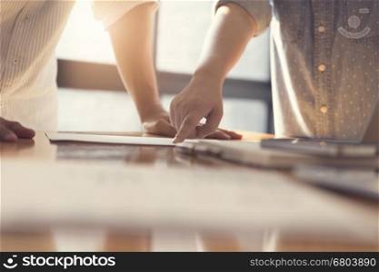 people working with business document together, selective focus and vintage tone