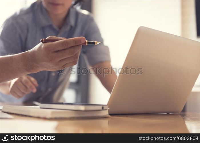 people working with laptop computer notebook, selective focus and vintage tone