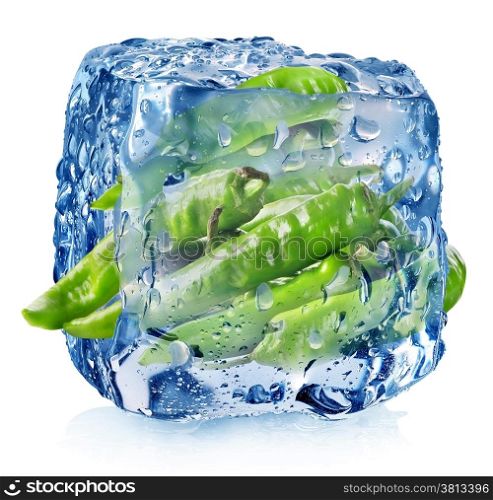 Pepper in ice cube isolated on white