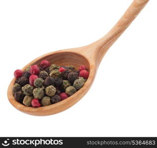 Pepper seasoning mix in wooden spoon isolated on white background cutout