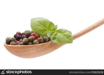 Pepper seasoning mix in wooden spoon isolated on white background cutout