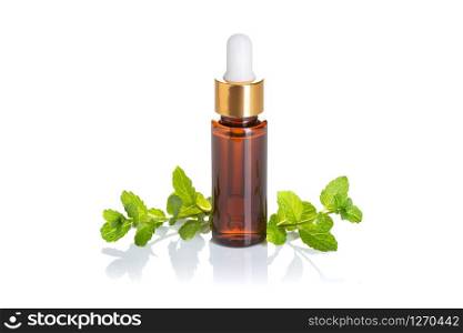 Peppermint essential oil isolated white background. Mint oil for skin care, spa, wellness, massage, aromatherapy and natural medicine