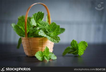 peppermint leaf in a basket / Fresh mint leaves on dark background