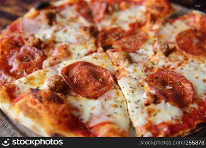 pepperoni pizza on wooden italian food