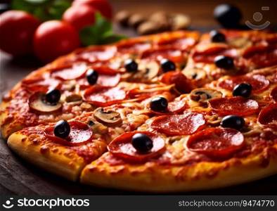 Pepperoni pizza with olives and mushrooms on table.AI Generative