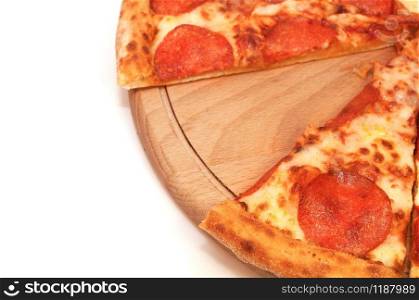 Pepperoni pizza with spicy sausage and cheese on a white background. Pepperoni pizza with spicy sausage and cheese