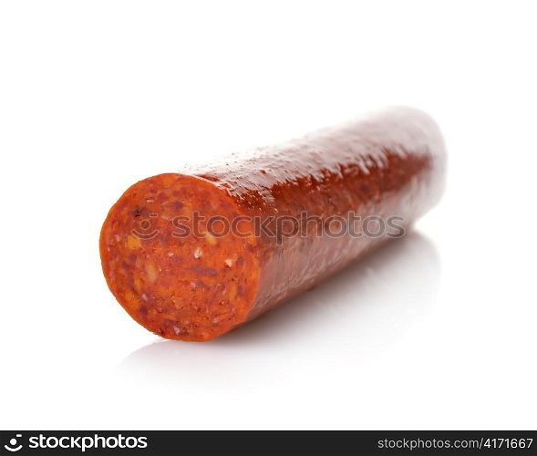 Pepperoni Salami On White Background, Close up