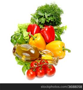 Peppers, basil, tomatoes and olive oil isolated on a white background