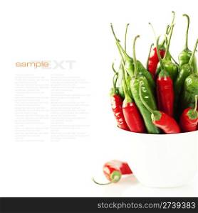Peppers in plate on white background (with space for text)