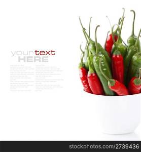 Peppers in plate on white background (with space for text)