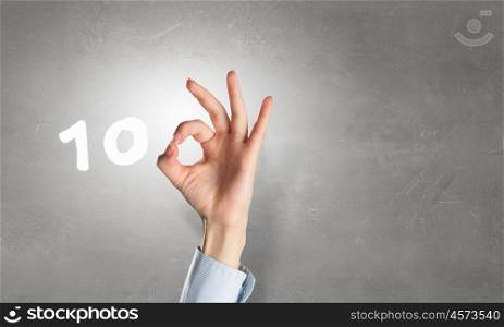 Percent interest sign. Percentage symbol and woman showing ok gesture