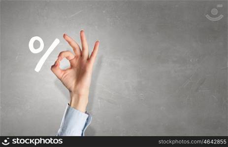 Percent interest sign. Percentage symbol and woman showing ok gesture