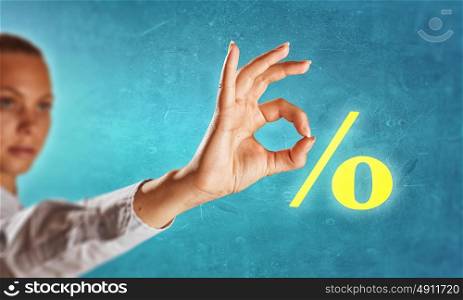 Percent sign. Percentage symbol and woman showing ok gesture