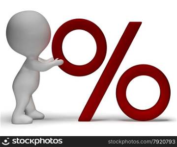 Percent Sign With 3d Man Showing Percentage Or Reductions. Percent Sign With 3d Man Climbing Showing Percentage
