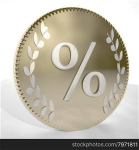 Percentage symbol over golden coin, 3d render, square image