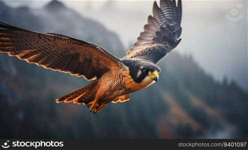 Peregrine Falcon Soaring Through the Sky. Generative ai. High quality illustration. Peregrine Falcon Soaring Through the Sky. Generative ai