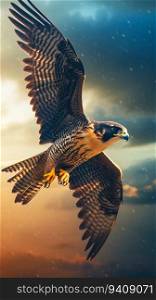 Peregrine Falcon Soaring Through the Sky. Generative ai. High quality illustration. Peregrine Falcon Soaring Through the Sky. Generative ai
