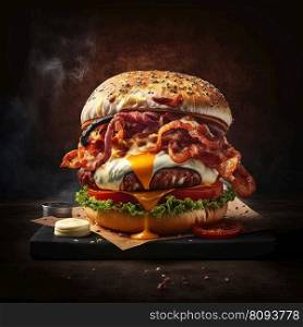 Perfect bacon cheese burger with beef, tomato, onion and fresh lettuce leaves, dark background, close up. Hamburger menu design. AI. Perfect bacon cheese burger with beef, tomato, onion and fresh lettuce leaves, dark background. AI