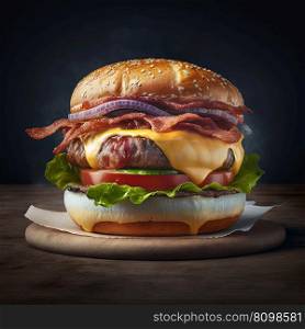 Perfect bacon cheese burger with beef, tomato, onion and fresh lettuce leaves, dark background, close up. Hamburger menu design. AI. Perfect bacon cheese burger with beef, tomato, onion and fresh lettuce leaves, dark background. AI