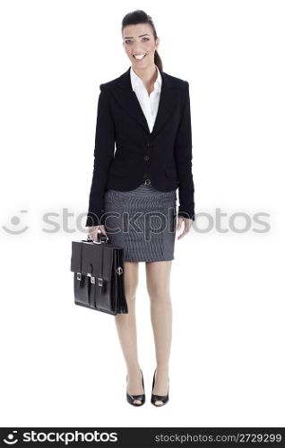 Perfect business woman ready to office with her laptop bag on white background