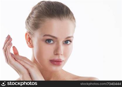 Perfect female face and hands closeup . Healthy Woman . Facial treatment and cosmetology concept. Perfect female face closeup