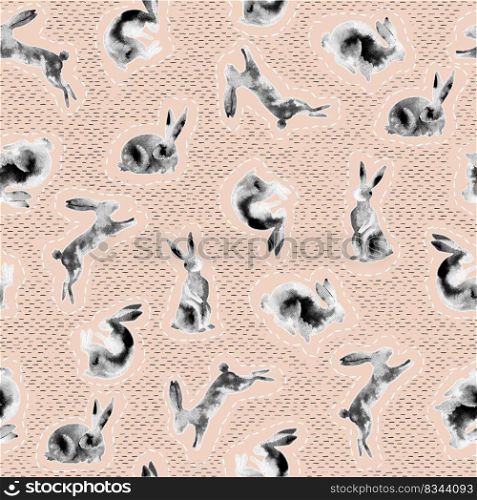 Perfect for greetings, invitations, manufacture wrapping paper, textile, web design. Cute watercolor bunny pattern. Seamless background with rabbits