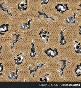 Perfect for greetings, invitations, manufacture wrapping paper, textile, web design. Cute watercolor bunny pattern. Seamless background with rabbits