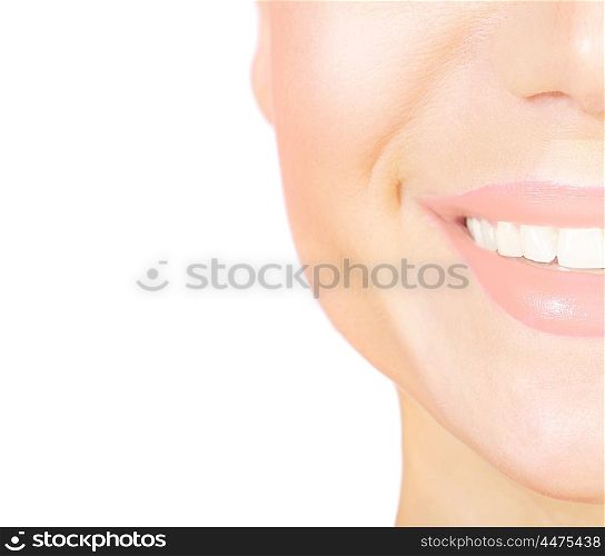 Perfect smile with white healthy teeth, closeup on beautiful female face, dental care concept