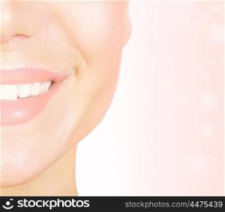 Perfect smile with white healthy teeth, closeup on beautiful female face, dental care concept