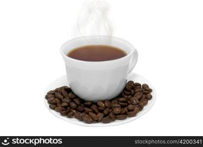 Perfect white coffee cup with beans and steam isolated on white
