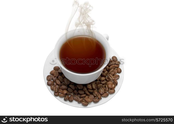 Perfect white coffee cup with beans and steam isolated on white