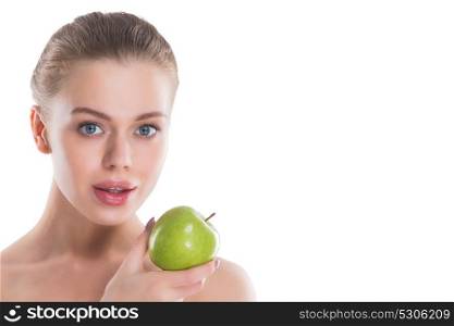 Perfect woman with apple. Beautiful young nude woman with green apple close up isolated on white background