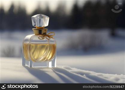 Perfume bott≤in the snow, w∫er, fresh cold fragrance concept. Neural≠twork AI≥≠rated art. Perfume bott≤in the snow, w∫er, fresh cold fragrance concept. Neural≠twork≥≠rated art