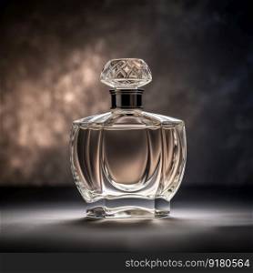 Perfume bottle against dark background with copy space. Generative AI. Perfume bottle against dark background. Generative AI