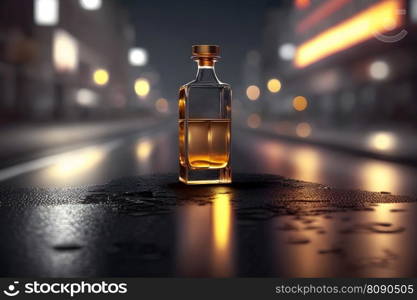 Perfume bottle against the backdrop of night city lights. Neural network AI generated art. Perfume bottle against the backdrop of night city lights. Neural network generated art