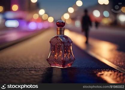 Perfume bottle against the backdrop of night city lights. Neural network AI generated art. Perfume bottle against the backdrop of night city lights. Neural network generated art
