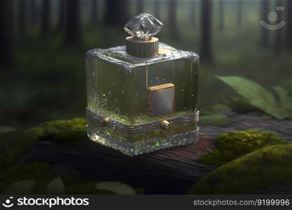 Perfume bottle in a green forest on a mossy substrate. Neural network AI generated art. Perfume bottle in a green forest on a mossy substrate. Neural network generated art